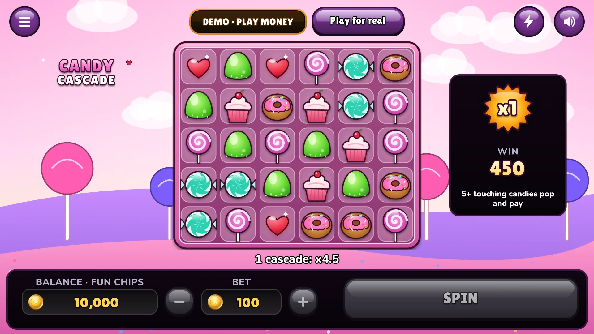 Five or more touching candies pop and pay