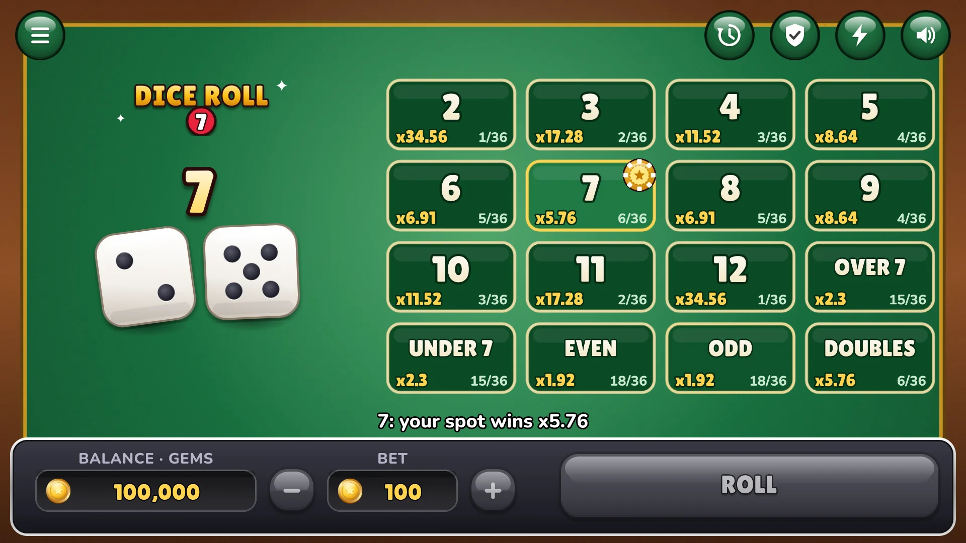Seven pays five and a half times the bet