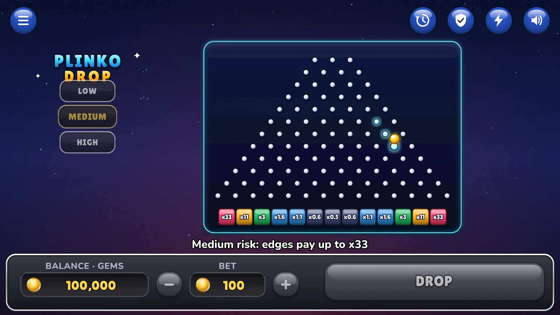 The ball bounces from peg to peg