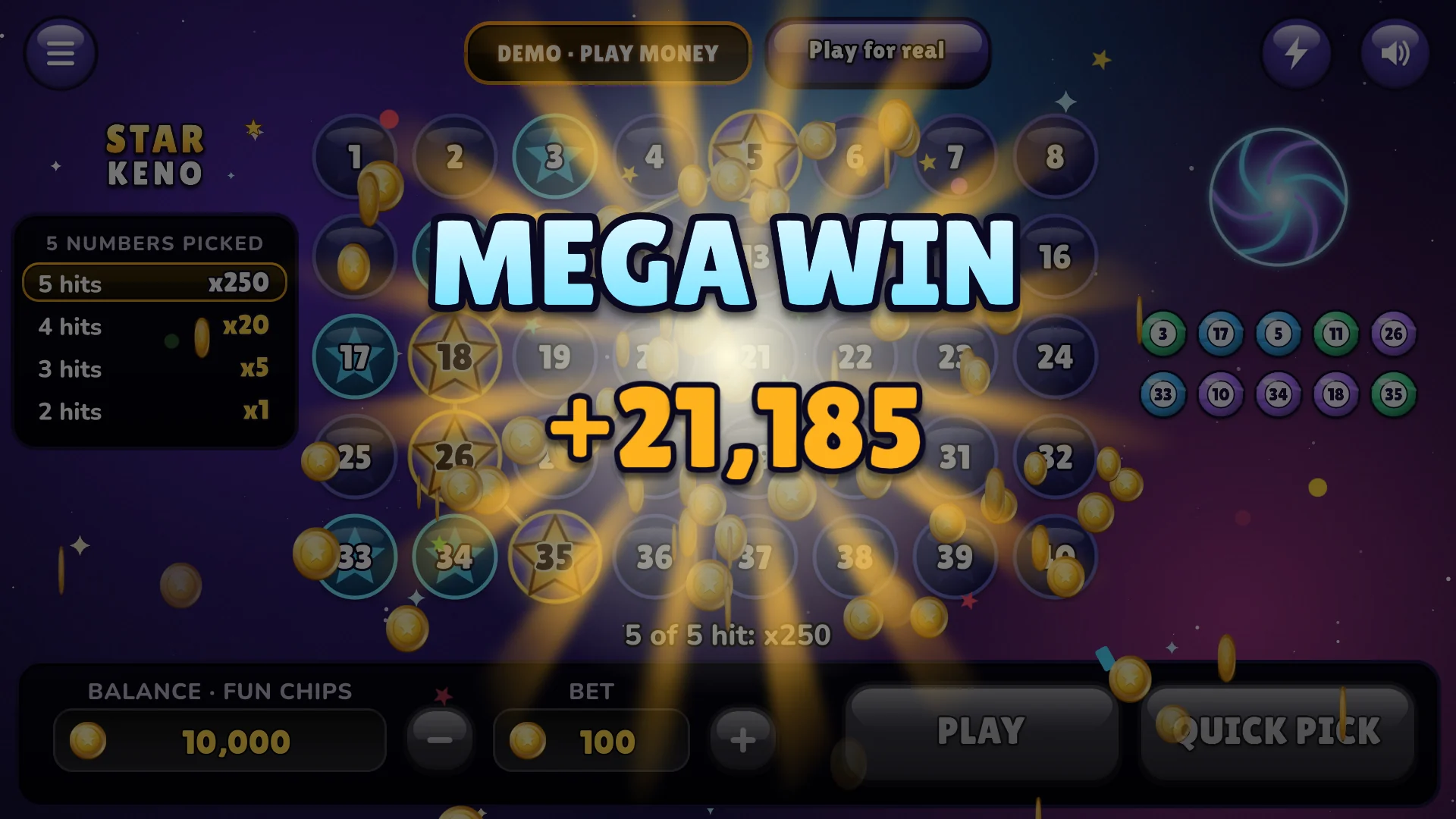 Five of five pays two hundred fifty times the bet